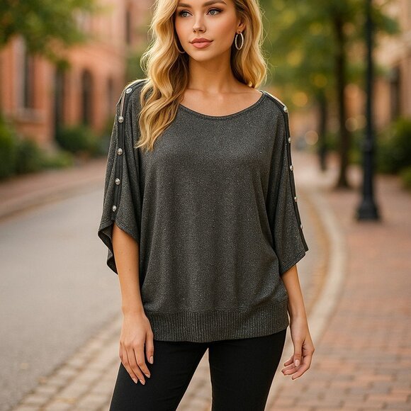 PECK & PECK Metallic Silver Sparkle Kimono Sleeve Blouse L Top Button Batwing - Picture 1 of 12